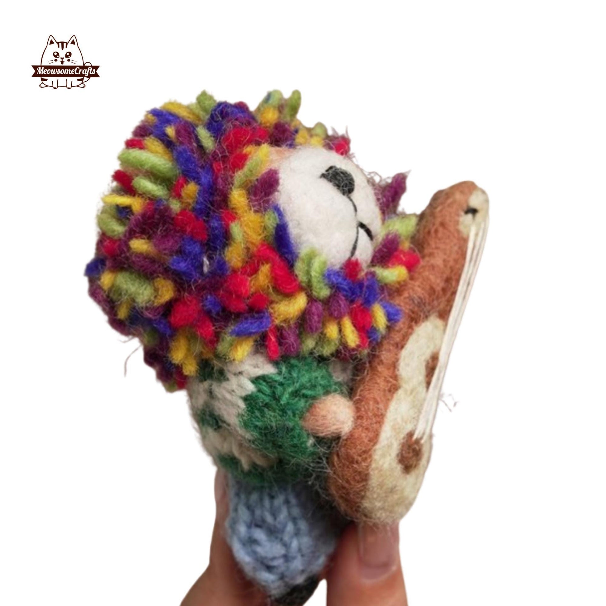 Handmade Finished Felting Lion Playing Guitar Keychain Felted Sitting Animal Felting Gift