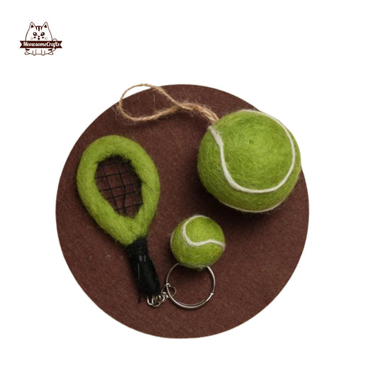 Handmade Finished Felting Tennis Racket Keychain Felted Sitting Animal Felting Gift