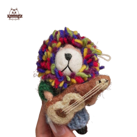 Handmade Finished Felting Lion Playing Guitar Keychain Felted Sitting Animal Felting Gift