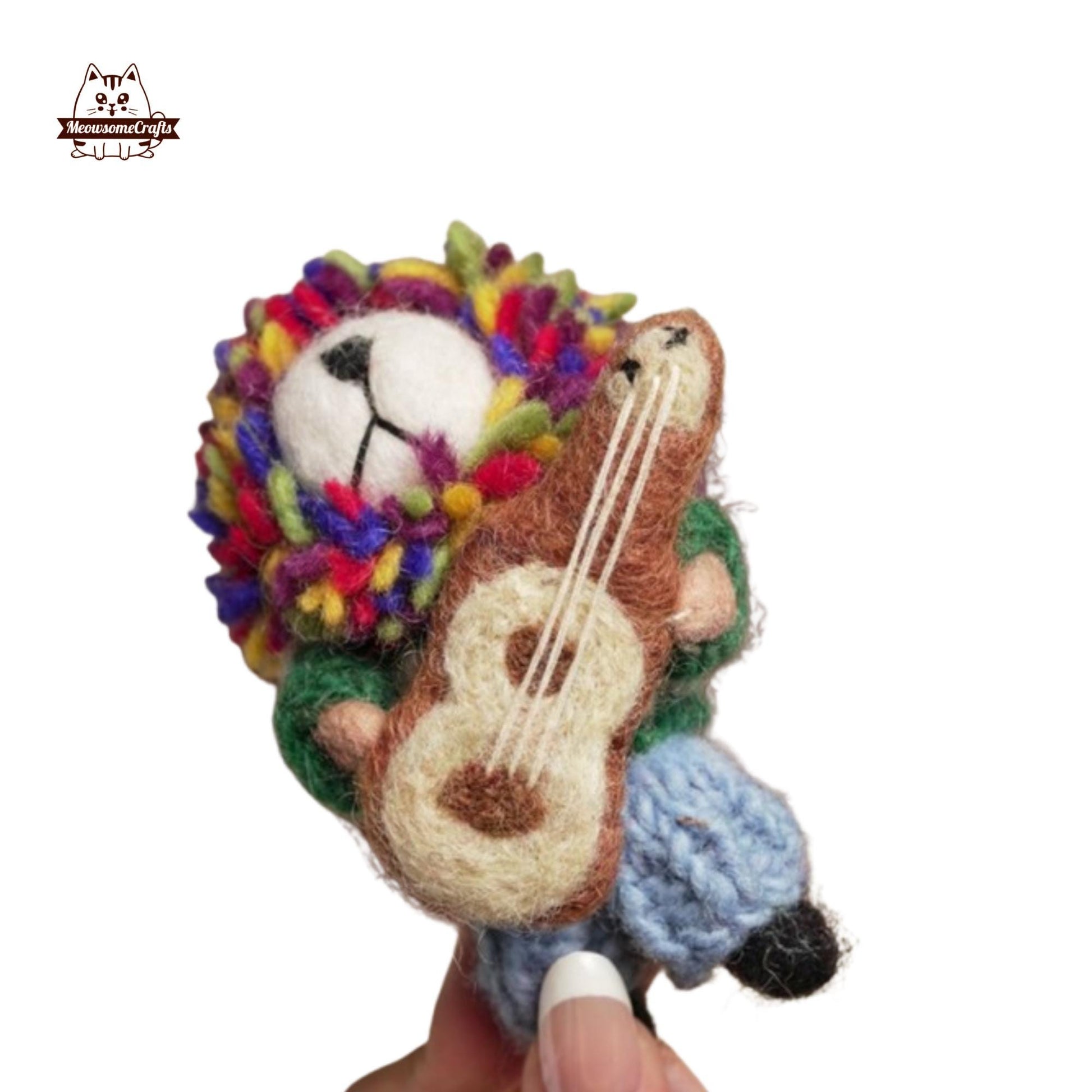 Handmade Finished Felting Lion Playing Guitar Keychain Felted Sitting Animal Felting Gift