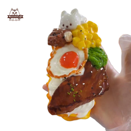 Egg Meat Corn & Veggies Food Kawaii Bunny On Top Handmade Squishy Fidget Toy