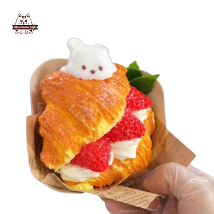 Slow Rising Cute Croissant Strawberry Cream Pastry With Kawaii Bunny Food Handmade Squishy Fidget Toy