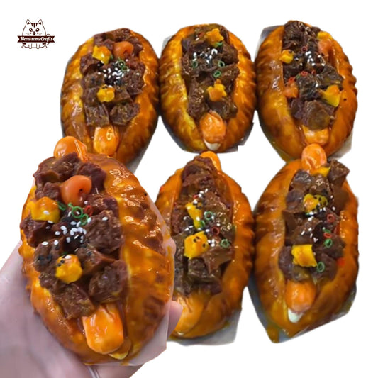 Realistic Korean BBQ Bread Sausage Bun With Beef Topping Food Handmade Squishy Fidget Toy