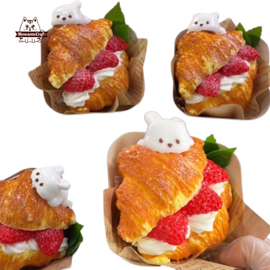 Slow Rising Cute Croissant Strawberry Cream Pastry With Kawaii Bunny Food Handmade Squishy Fidget Toy