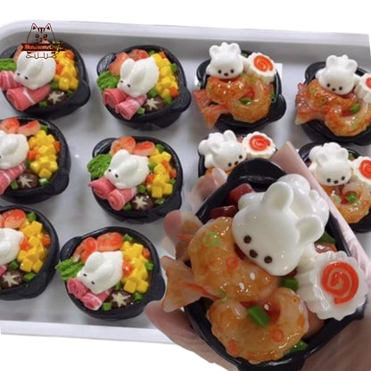 Slow Rising Miniature Hot Pot & Shrimp Kawaii Bunny Food Handmade Squishy Fidget Toy - A + B