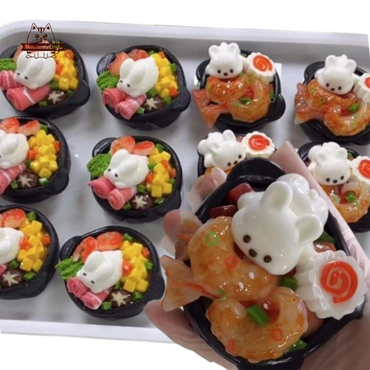 Slow Rising Miniature Hot Pot & Shrimp Kawaii Bunny Food Handmade Squishy Fidget Toy - A + B