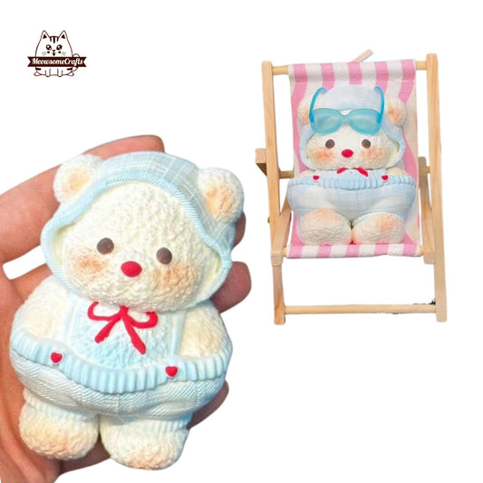 Kawaii Furry Teddy Bear In Beach Chair Handmade Squishy Fidget Toy