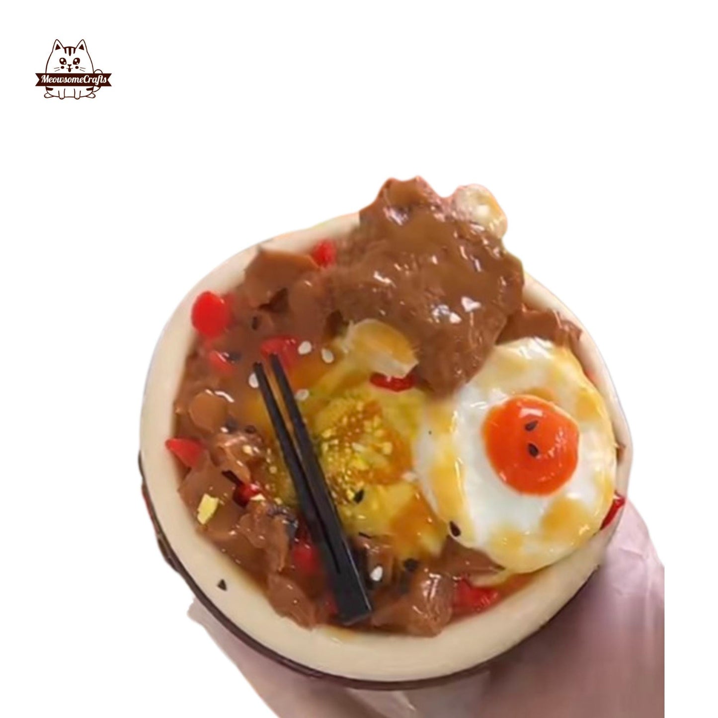 Rice bowl Topped with a Fried Egg Beef Food Handmade Squishy Fidget Toy