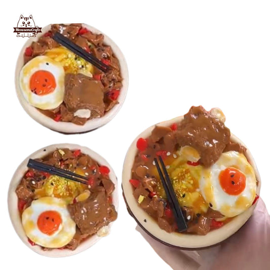 Rice bowl Topped with a Fried Egg Beef Food Handmade Squishy Fidget Toy