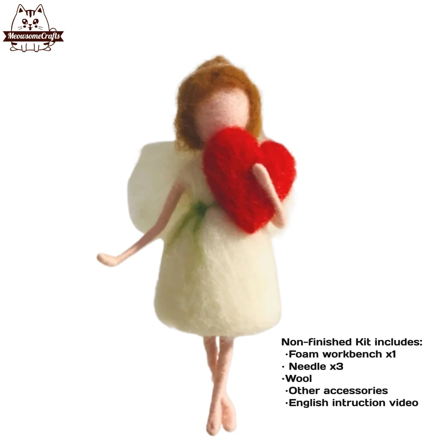 Needle Felting Kit | Angel Fairy Girl In White Dress Holding Heart | Beginner Kit Includes Wool & Tools - MeowsomeCrafts