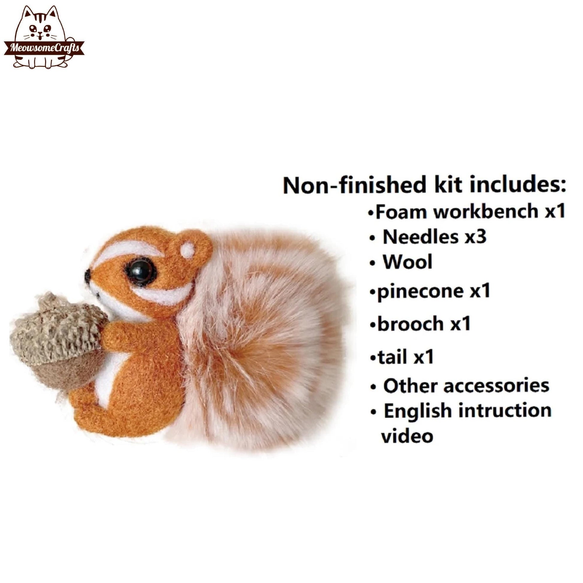 Needle Felting Kit | Animal Squirrel Holding Acorn Brooch | Beginner Kit Includes Wool & Tools - MeowsomeCrafts