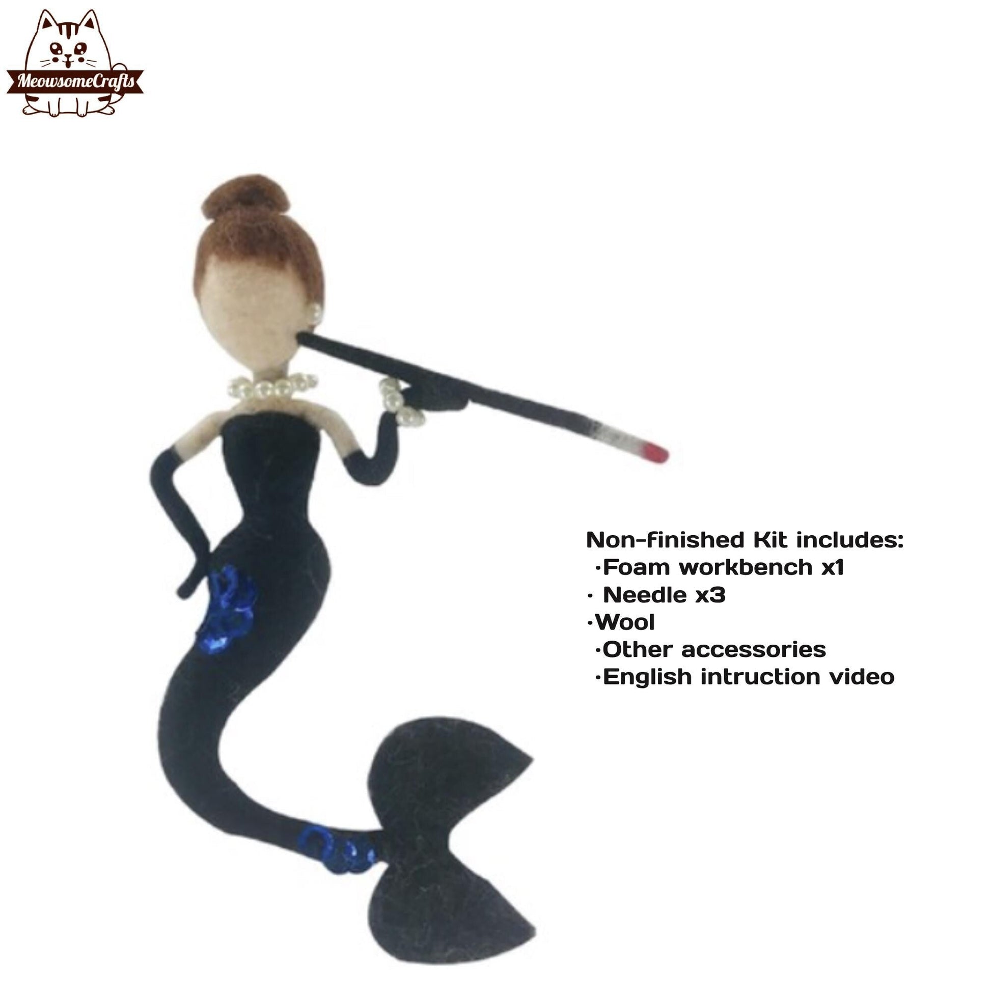 Needle Felting Kit | Black Dress Mermaid Holding Cigarette With Holder | Beginner Kit Includes Wool & Tools - MeowsomeCrafts