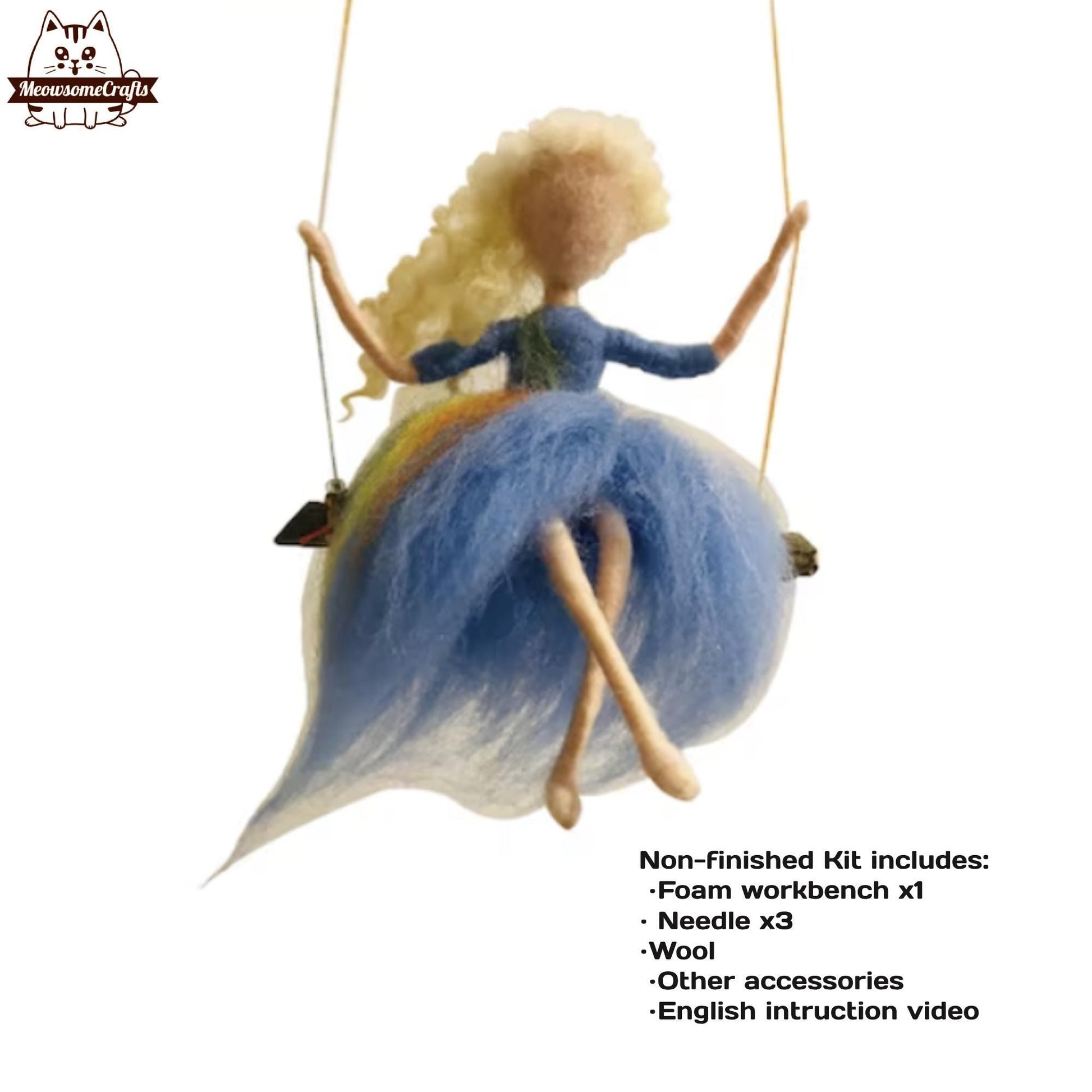 Needle Felting Kit | Blue Dress Blond Hair Girl On Swing | Beginner Kit Includes Wool & Tools - MeowsomeCrafts