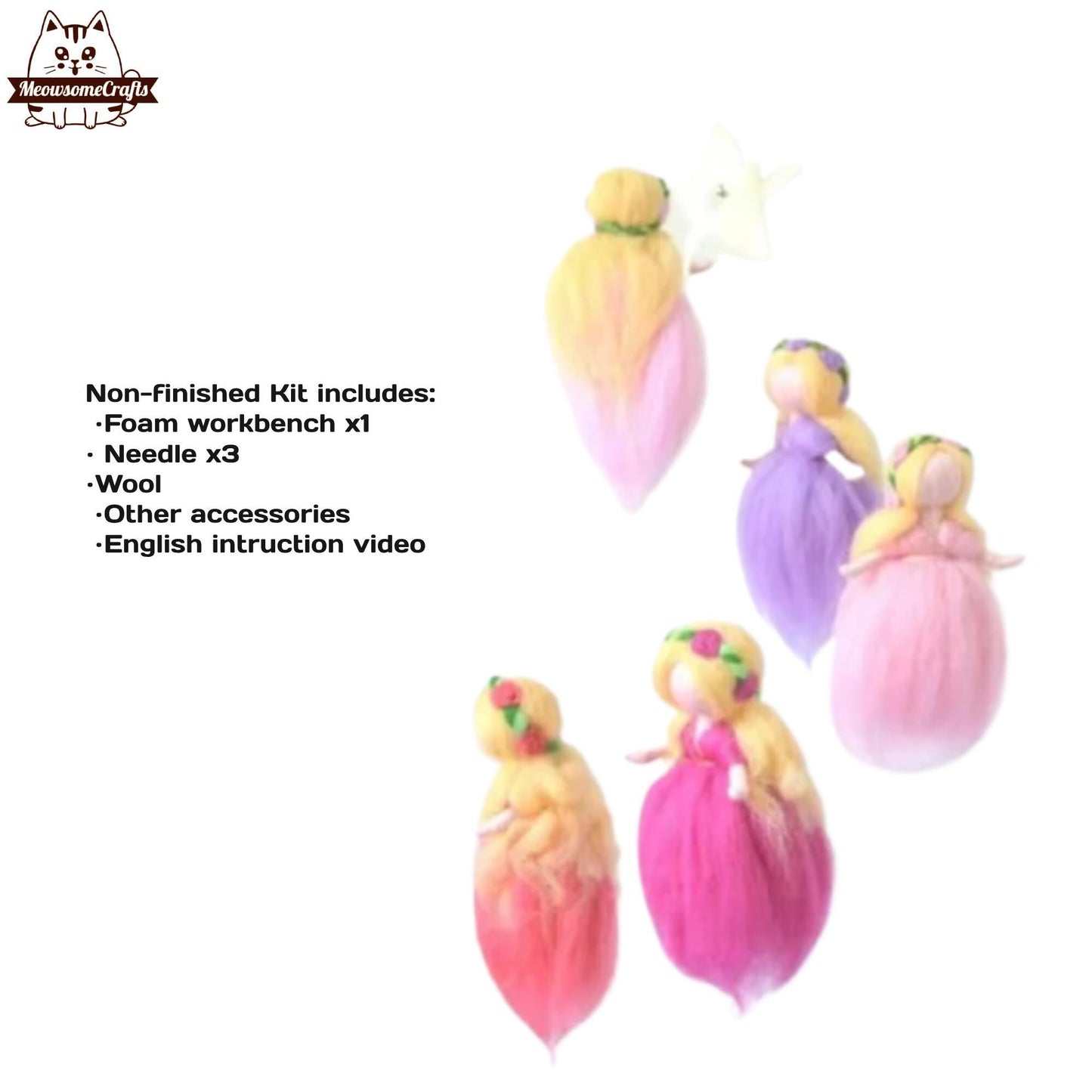 Needle Felting Kit | Fairy Princesses With Flower Crowns Mobile 5 Fairy Set | Beginner Kit Includes Wool & Tools - MeowsomeCrafts