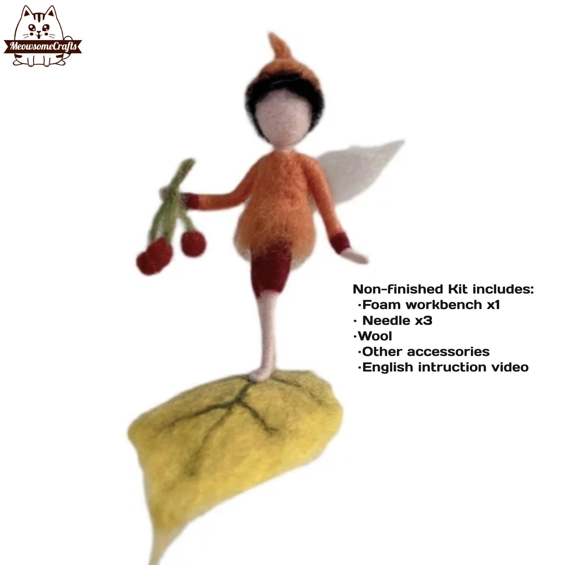 Needle Felting Kit | Fairy Walking on Leaf Holding Cherries | Beginner Kit Includes Wool & Tools - MeowsomeCrafts