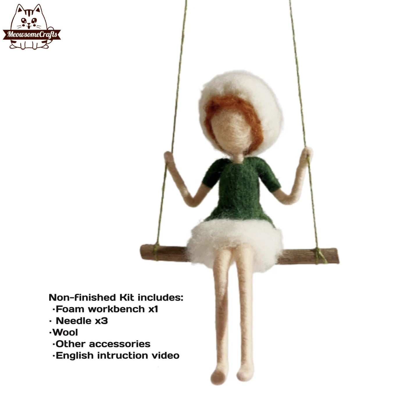 Needle Felting Kit | Fluffy Hat Green Dress Girl On Swing | Beginner Kit Includes Wool & Tools - MeowsomeCrafts