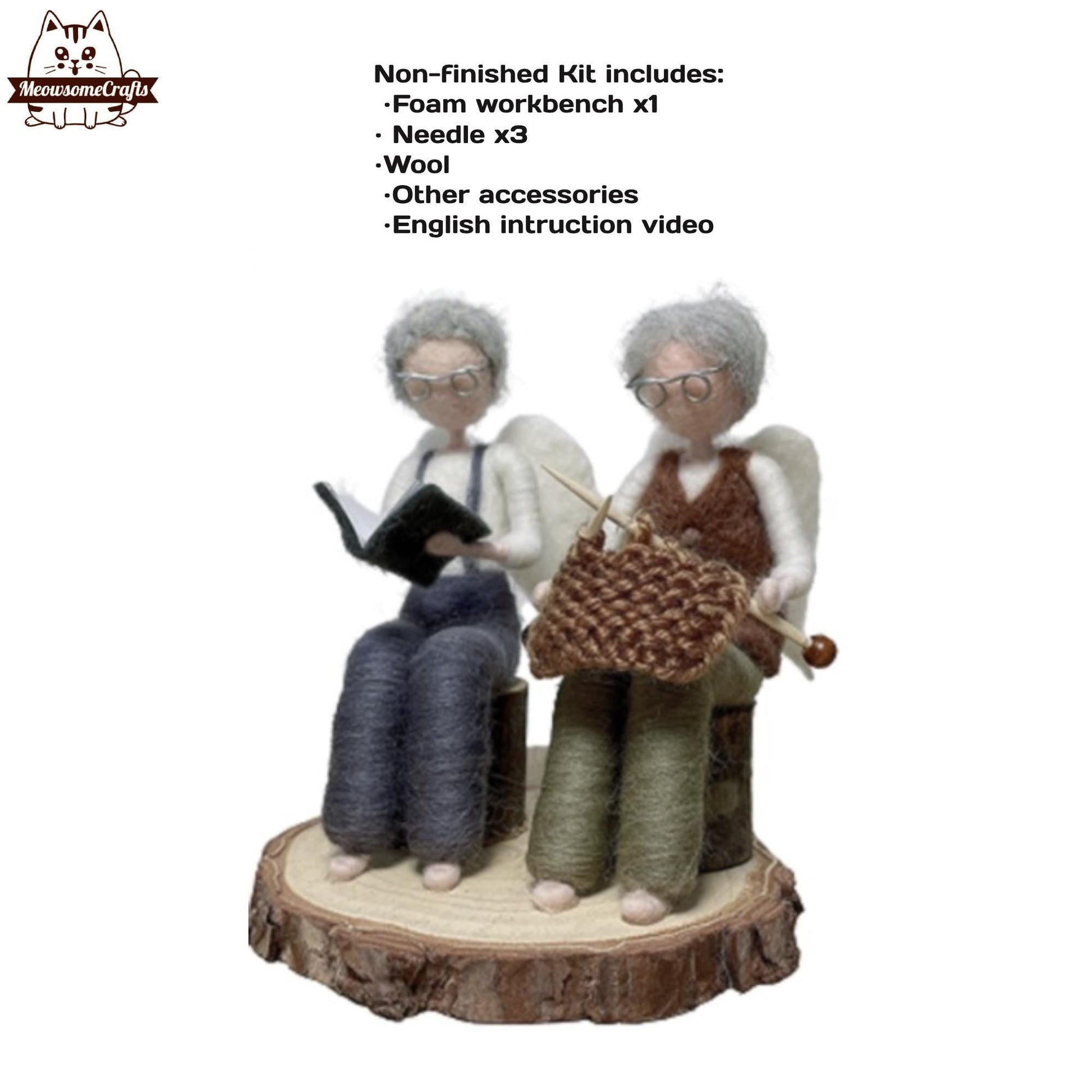 Needle Felting Kit | Grandfather & Grandmother Angels Sitting Knitting Reading Book | Beginner Kit Includes Wool & Tools - MeowsomeCrafts