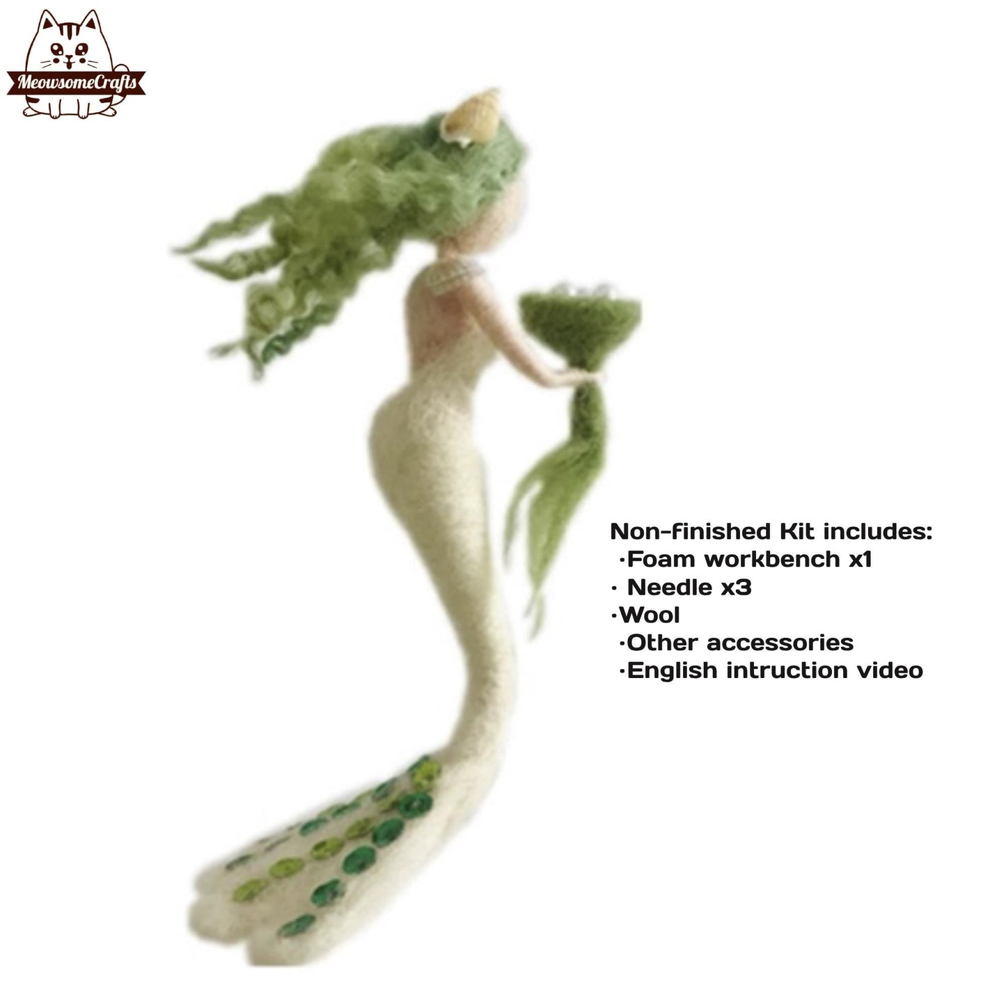 Needle Felting Kit | Green Hair Mermaid Princess With Shell Crown Holding Pearl Bouquet | Beginner Kit Includes Wool & Tools - MeowsomeCrafts