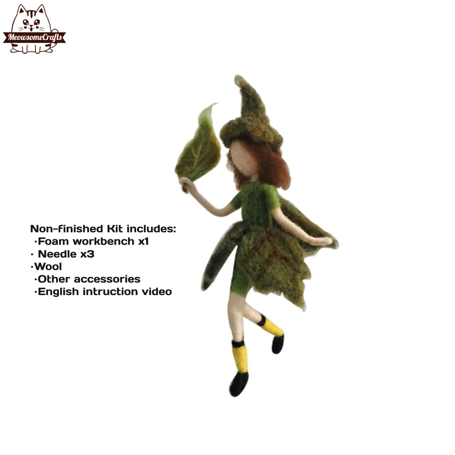 Needle Felting Kit | Green Leaf Fairy Elf | Beginner Kit Includes Wool & Tools - MeowsomeCrafts