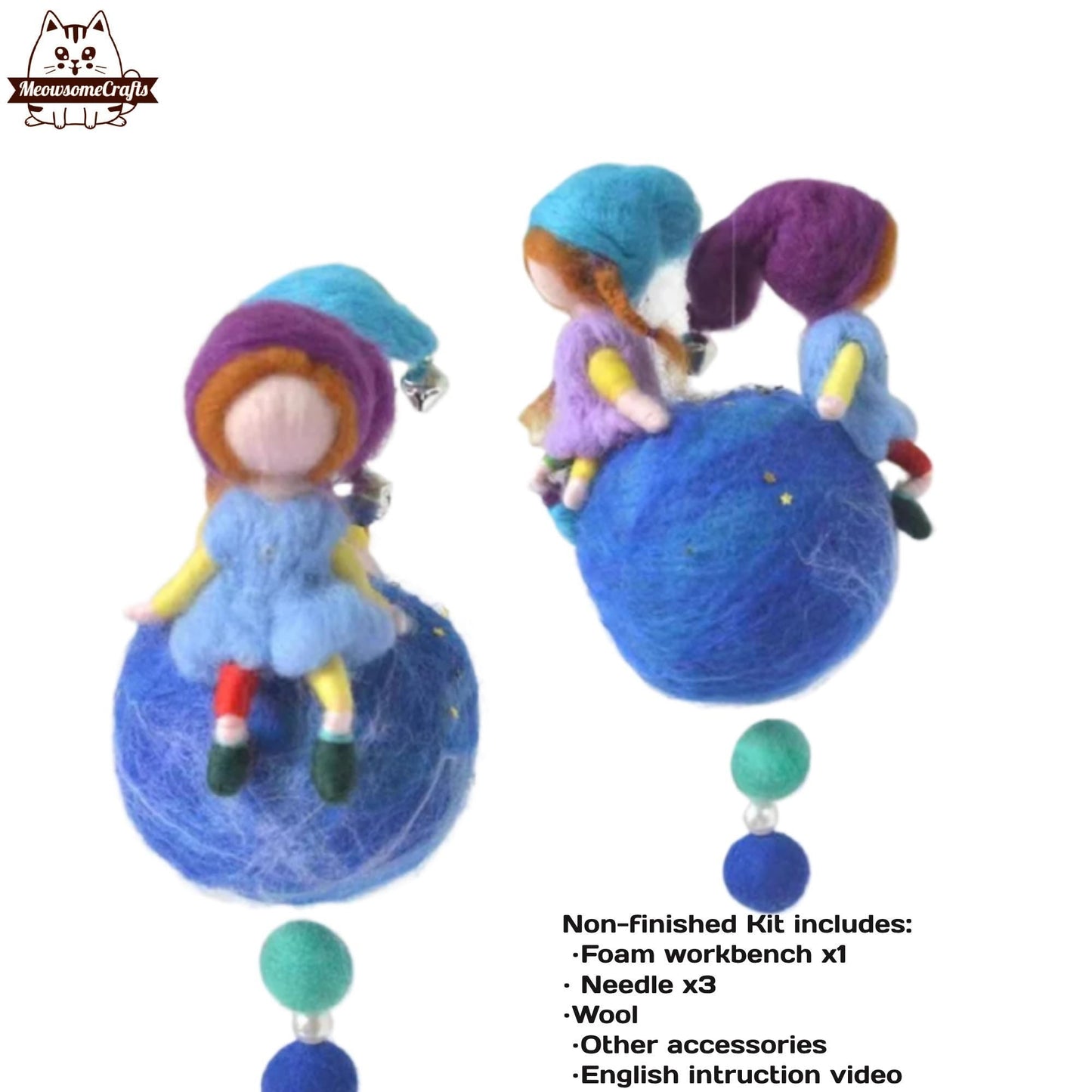 Needle Felting Kit | Little Fairy Elves With Bell Hats On Ball Ornament | Beginner Kit Includes Wool & Tools - MeowsomeCrafts