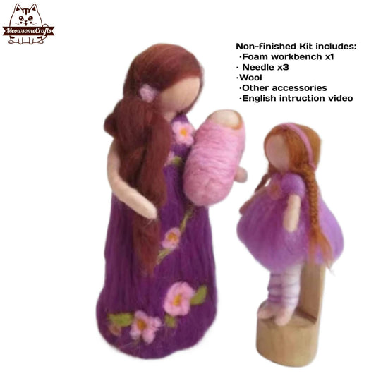 Needle Felting Kit | Mother Daughter Baby Family Sakura Flowers Purple Dresses | Beginner Kit Includes Wool & Tools - MeowsomeCrafts