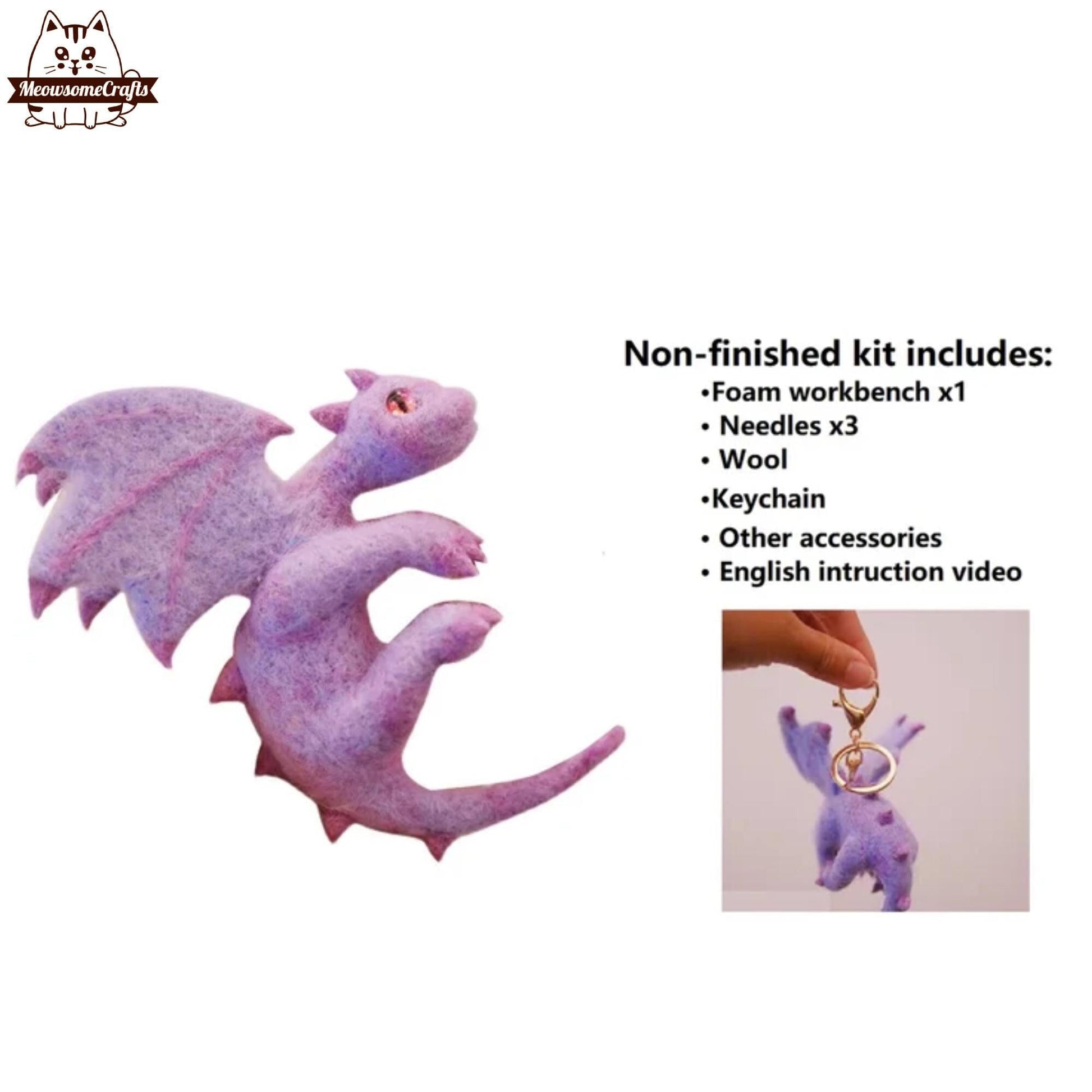 Needle Felting Kit | Mystical Purple Dragon Keychain | Beginner Kit Includes Wool & Tools - MeowsomeCrafts