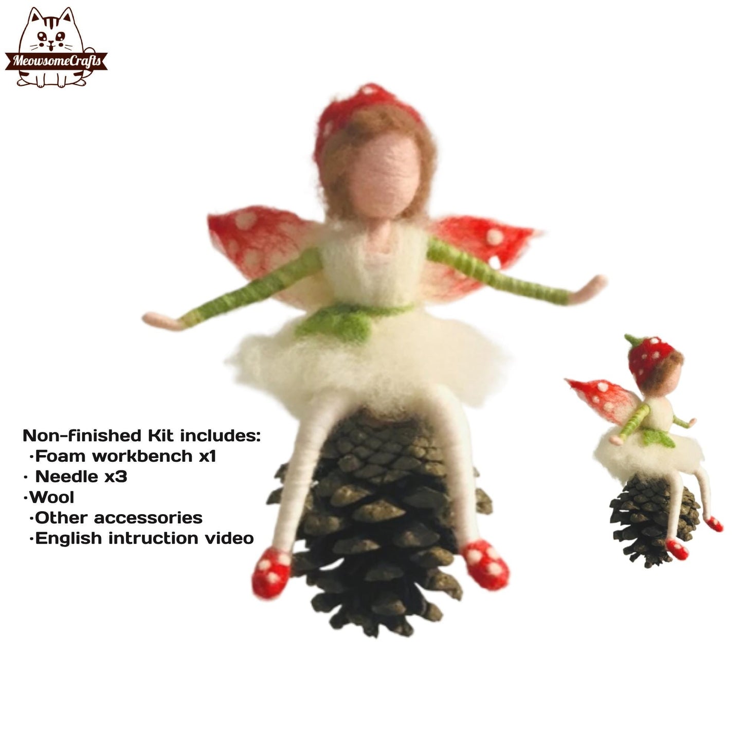 Needle Felting Kit | Spring Flower Strawberry Fairy Sitting On Pinecone | Beginner Kit Includes Wool & Tools - MeowsomeCrafts