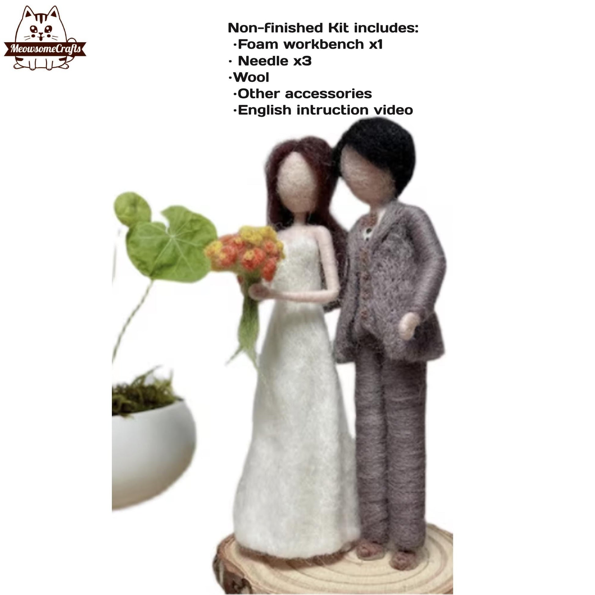 Needle Felting Kit | Wedding Marriage Groom & Bride Holding Bouquet Of Flowers | Beginner Kit Includes Wool & Tools - MeowsomeCrafts