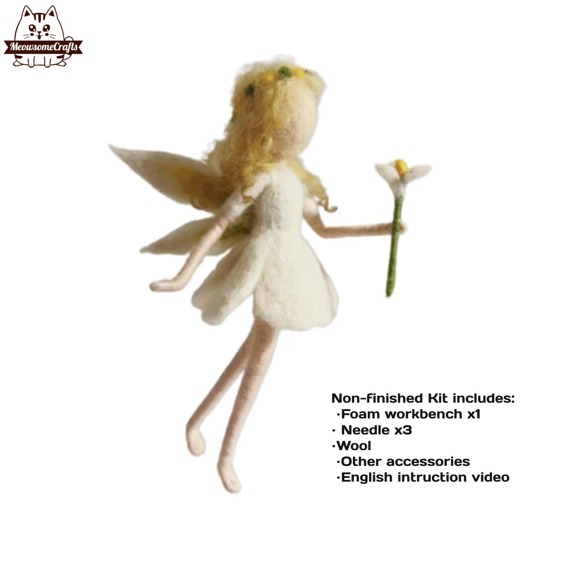 Needle Felting Kit | White Dress Flower Fairy Holding Flower | Beginner Kit Includes Wool & Tools - MeowsomeCrafts