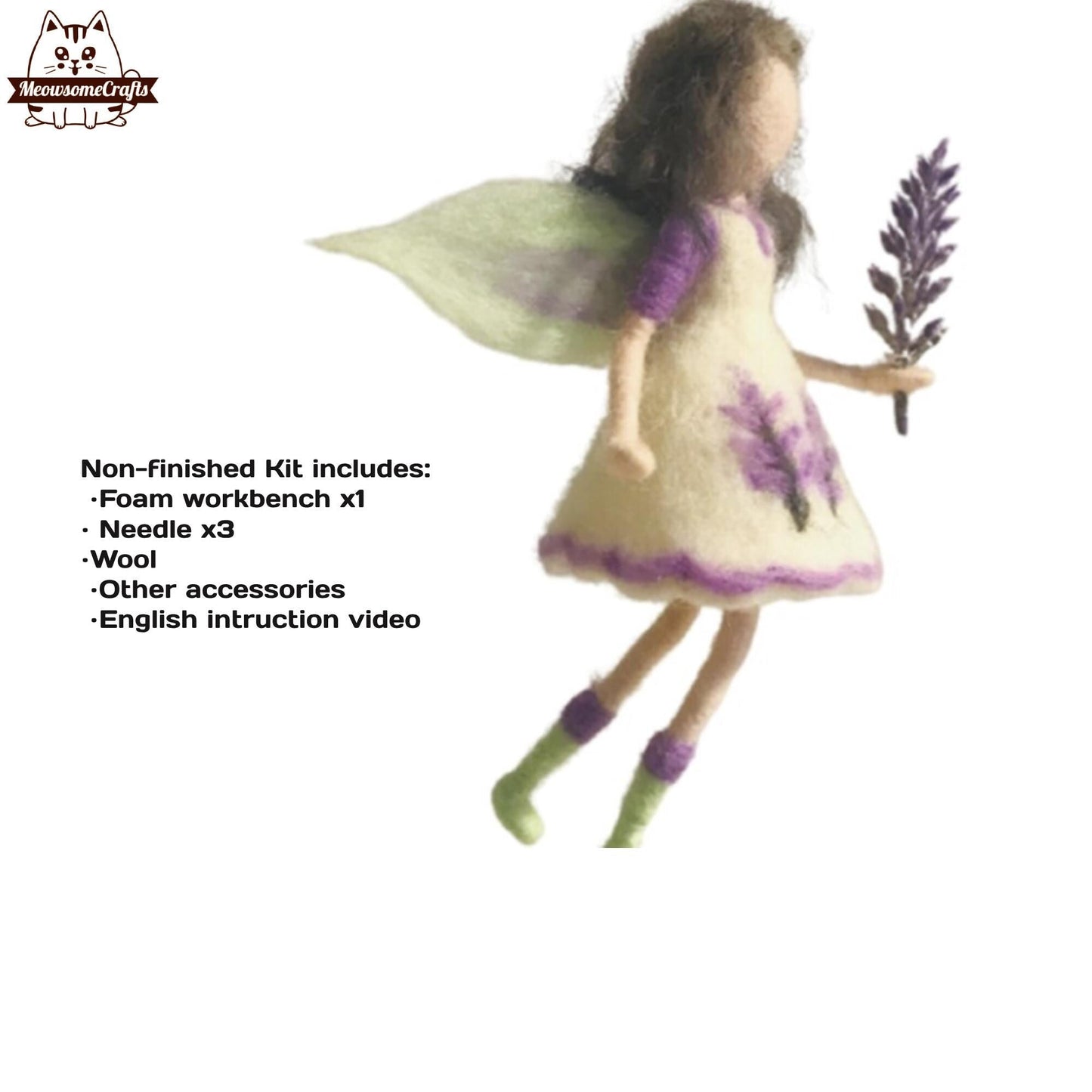 Needle Felting Kit | White Lavender Flower Dress Fairy Girl Holding Lavender Flower | Beginner Kit Includes Wool & Tools - MeowsomeCrafts