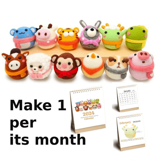 Needle Felting Kits | 12 Chinese Zodiac Animals With Calendar Wool Felting Make Per Month Craft Kit | Beginner Kit Includes Wool & Tools - MeowsomeCrafts