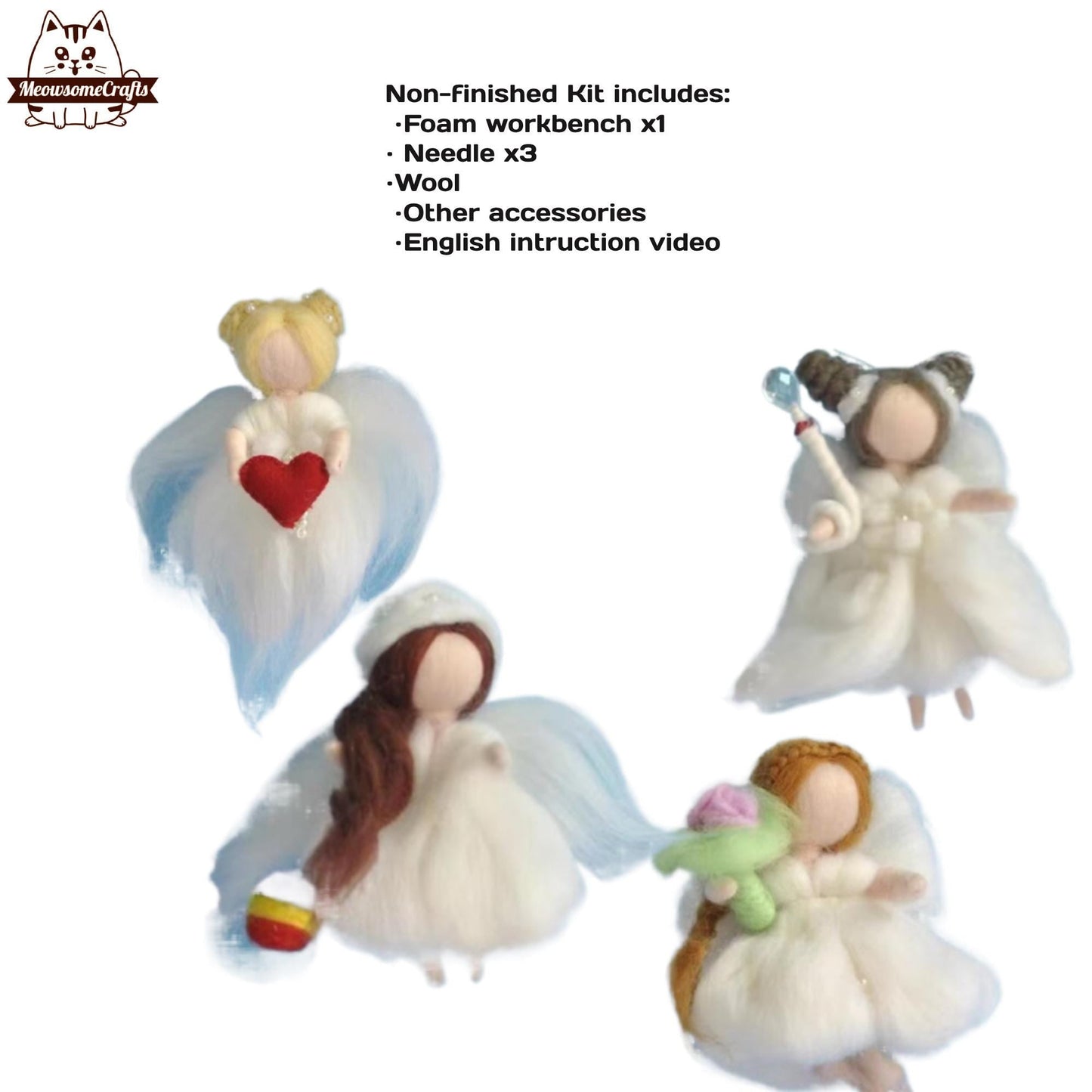 Needle Felting Kits | Christmas Winter Angel Girls Kids Holding Heart Flower Wand Ornaments | Beginner Kit Includes Wool & Tools - MeowsomeCrafts