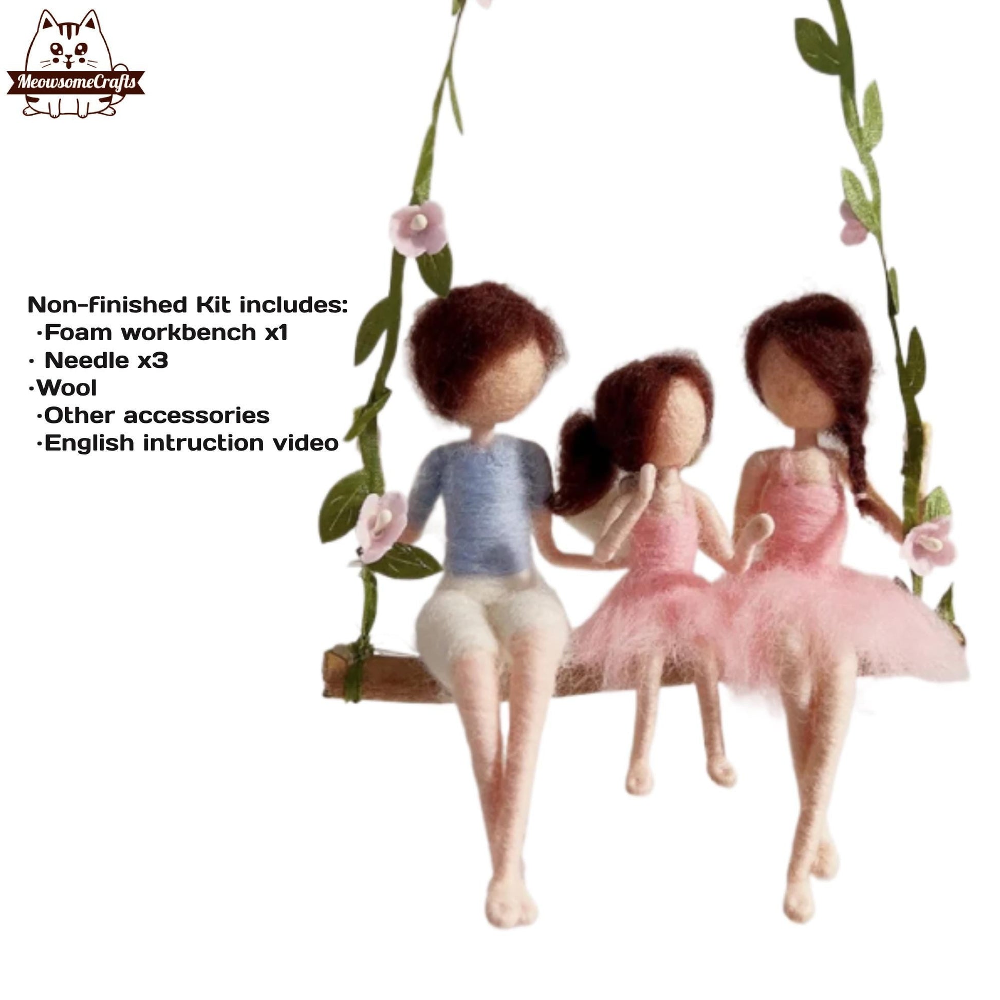 Needle Felting Kits | Mother Father Daughter On Swing | Beginner Kit Includes Wool & Tools - MeowsomeCrafts